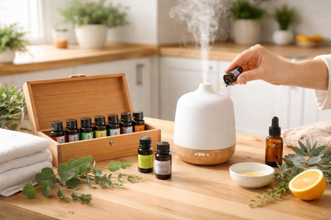 Beginner using essential oil set with diffuser at home