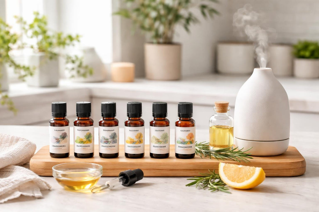 Essential oil singles arranged for safe mixing at home