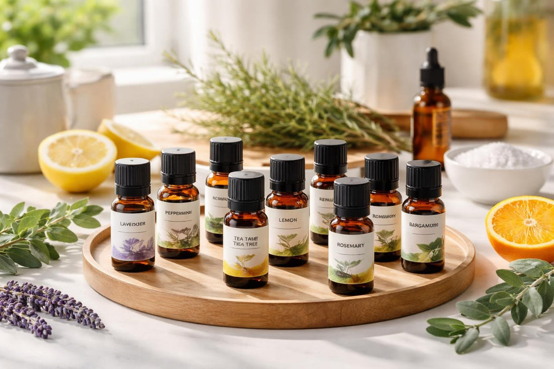 assorted essential oil singles in dark bottles