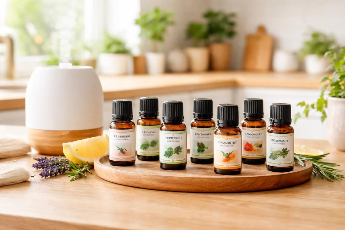 assorted essential oil singles bottles on wooden table
