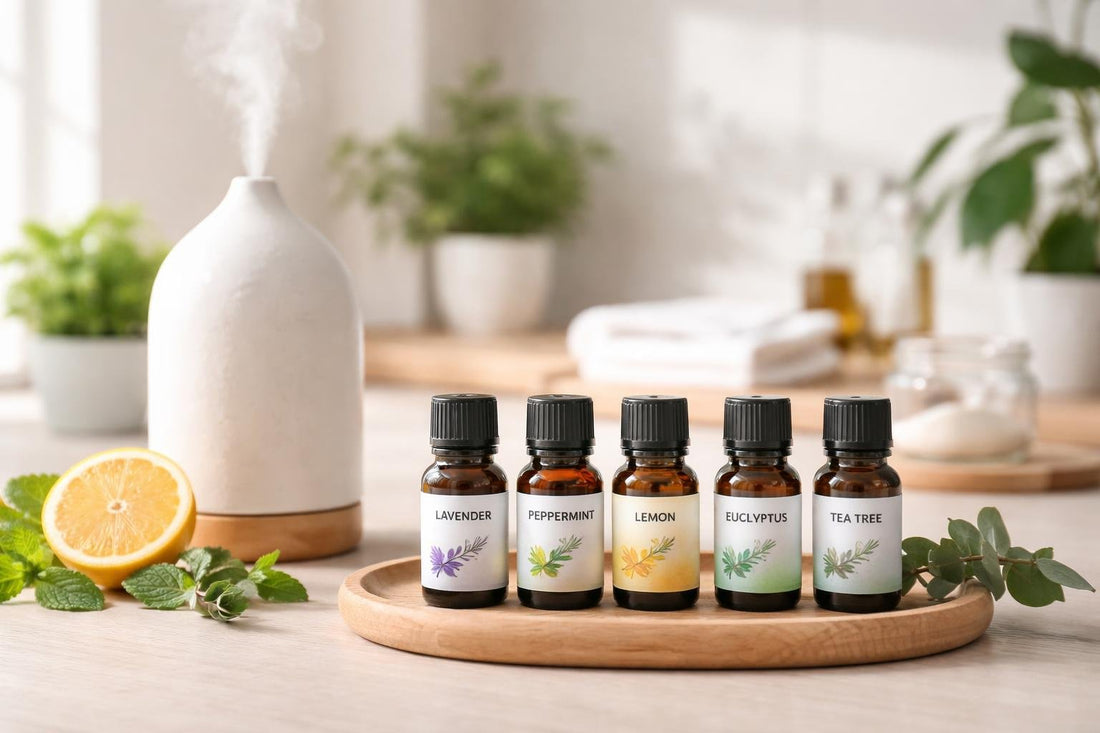 Bottles of essential oil singles with diffuser
