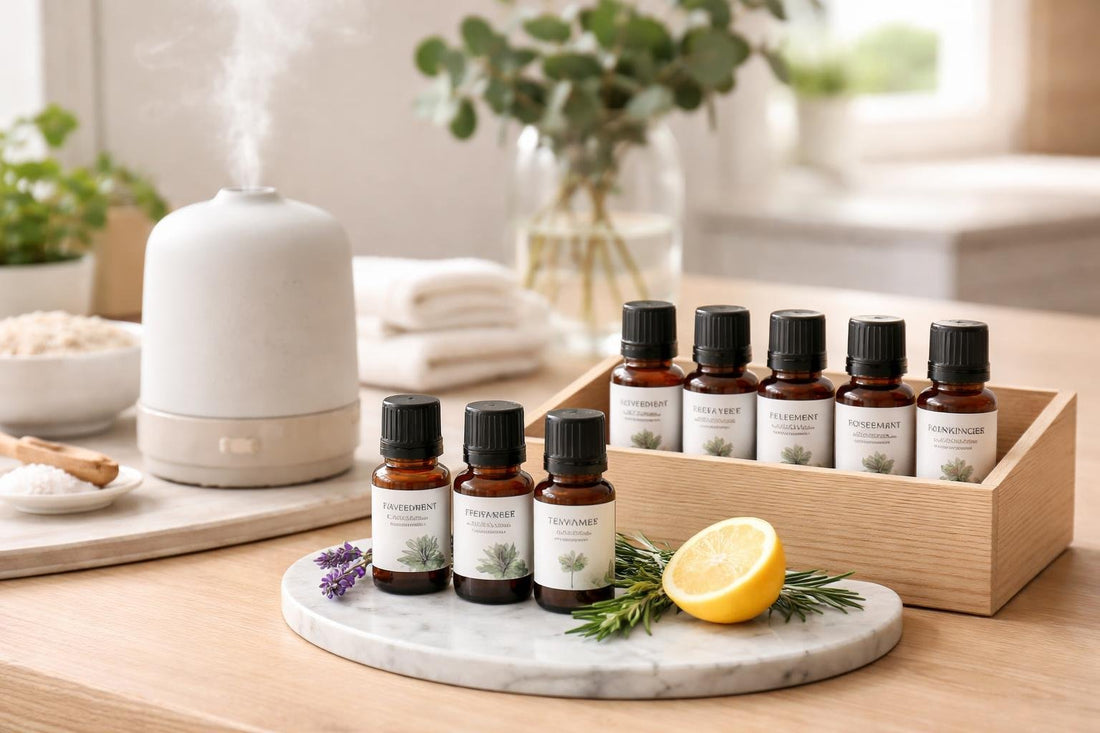 Collection of essential oil singles with diffuser and storage