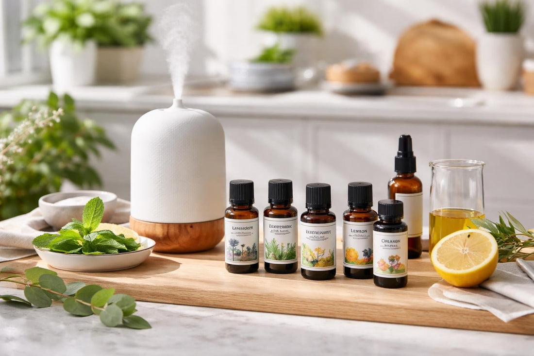 essential oil bottles and diffuser setup at home
