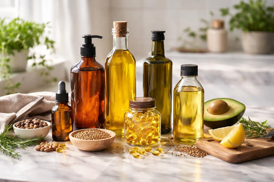 assorted bottles of essential fatty acids oils