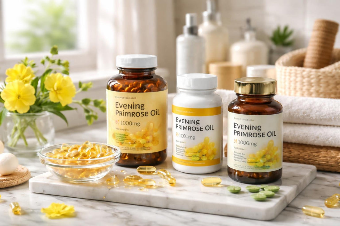 Evening primrose supplements bottles and capsules