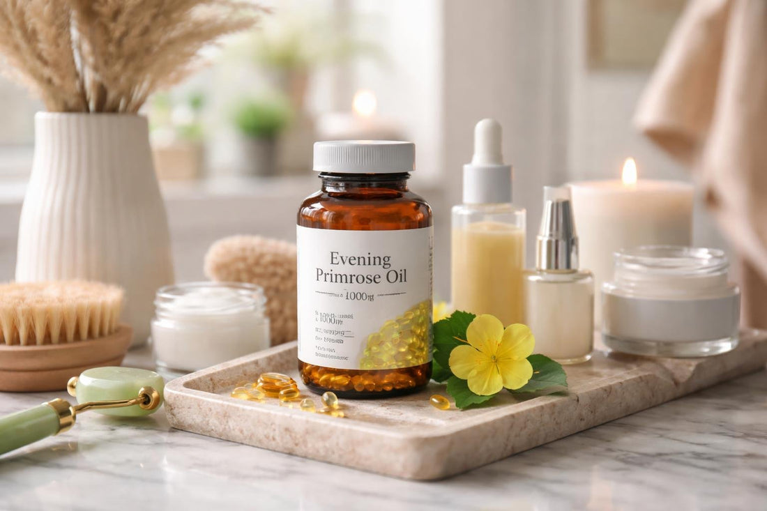 Evening primrose supplements and skincare products layout