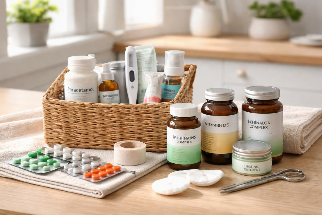 Everyday health care essentials arranged in a tidy home kit