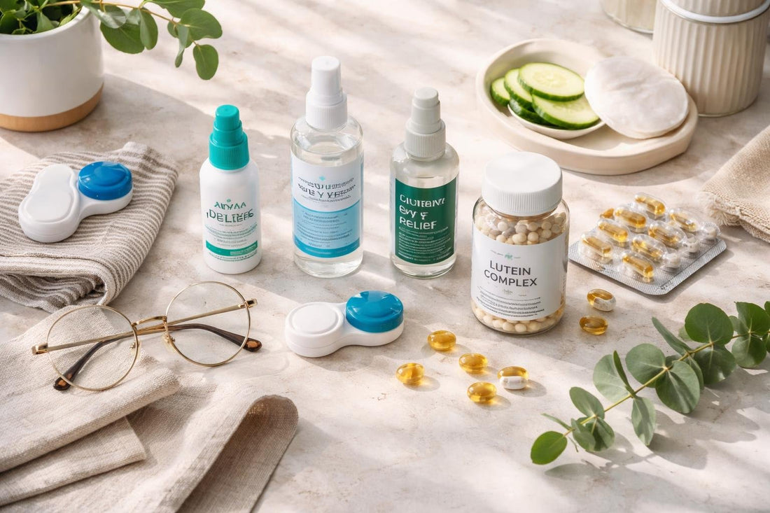 Everyday eye care products collection flatlay UK