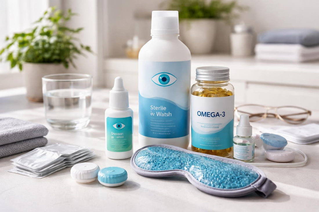 Everyday eye care products laid out on a desk