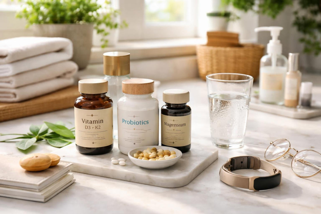 Everyday health care essentials arranged for a simple daily routine