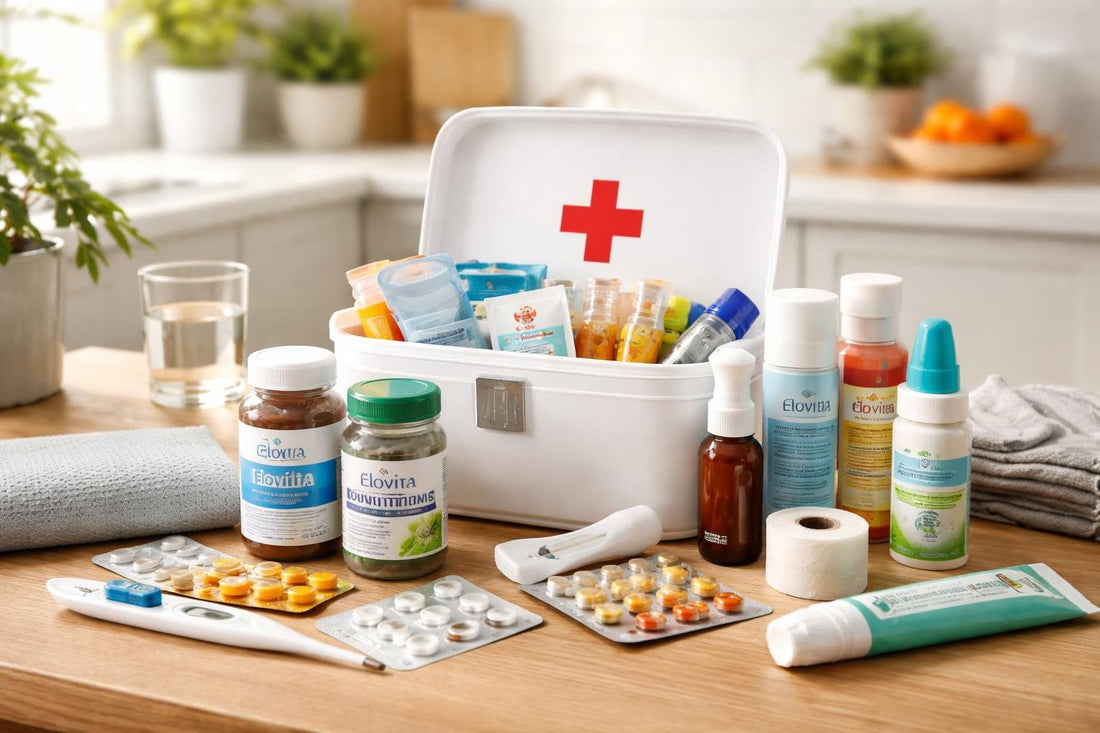 Family health essentials laid out on table for kit