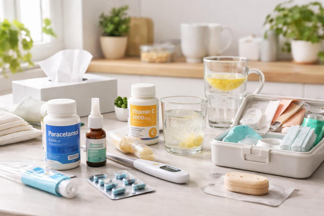 Assorted everyday health care essentials on table