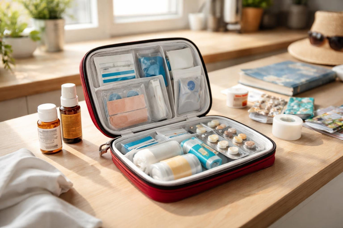 compact travel first aid kit with essentials on table