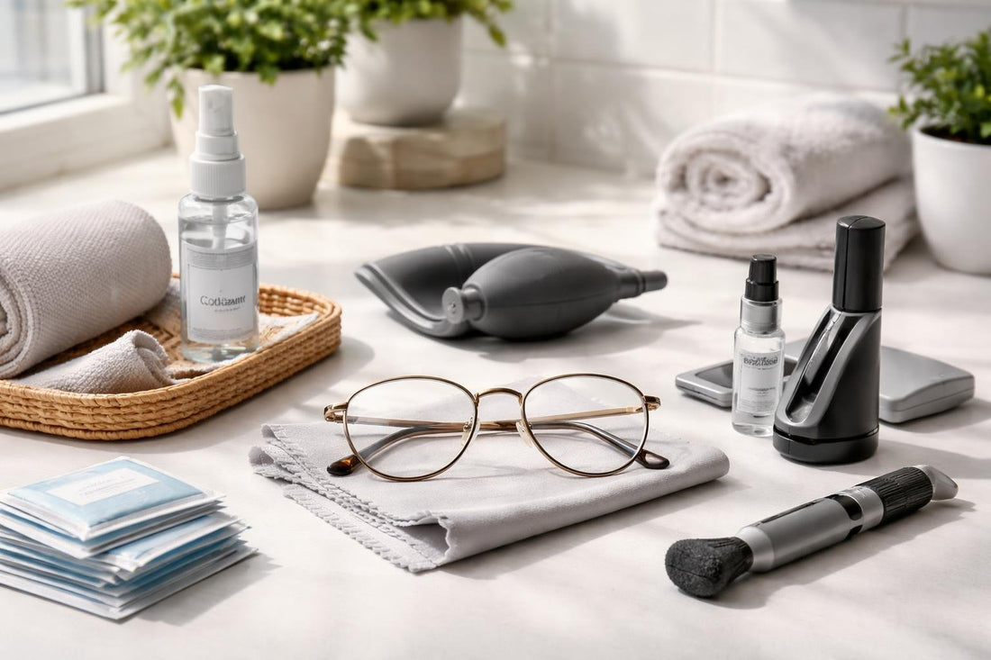 Delicate eyeglasses with cleaning tools on table