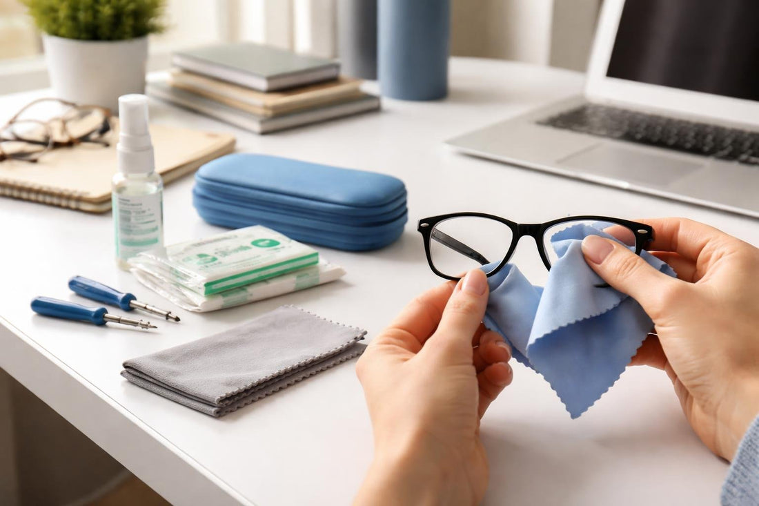 Student cleaning eyeglasses with microfiber cleaner
