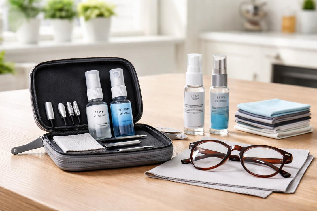 Compact eyeglass care essentials kit with cloths and sprays
