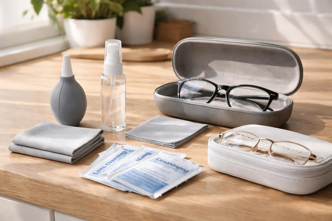 Eyeglass care kit with wipes and microfibre cloth