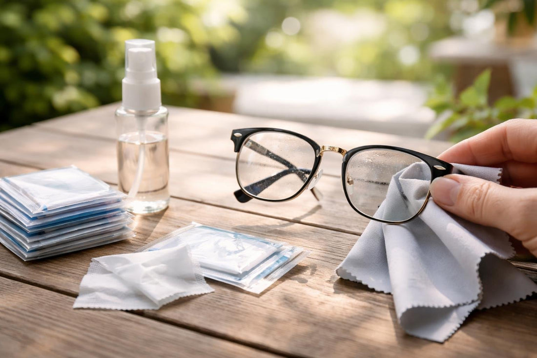 Microfibre cloth and lens wipes cleaning eyeglasses outdoors
