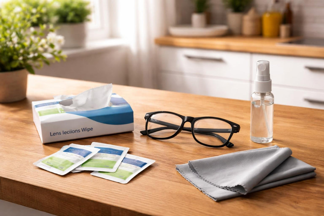 eyeglass cleaning tissues and cloths on wooden table