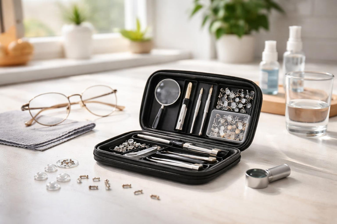 Eyeglass repair kit with tiny screws and nose pads