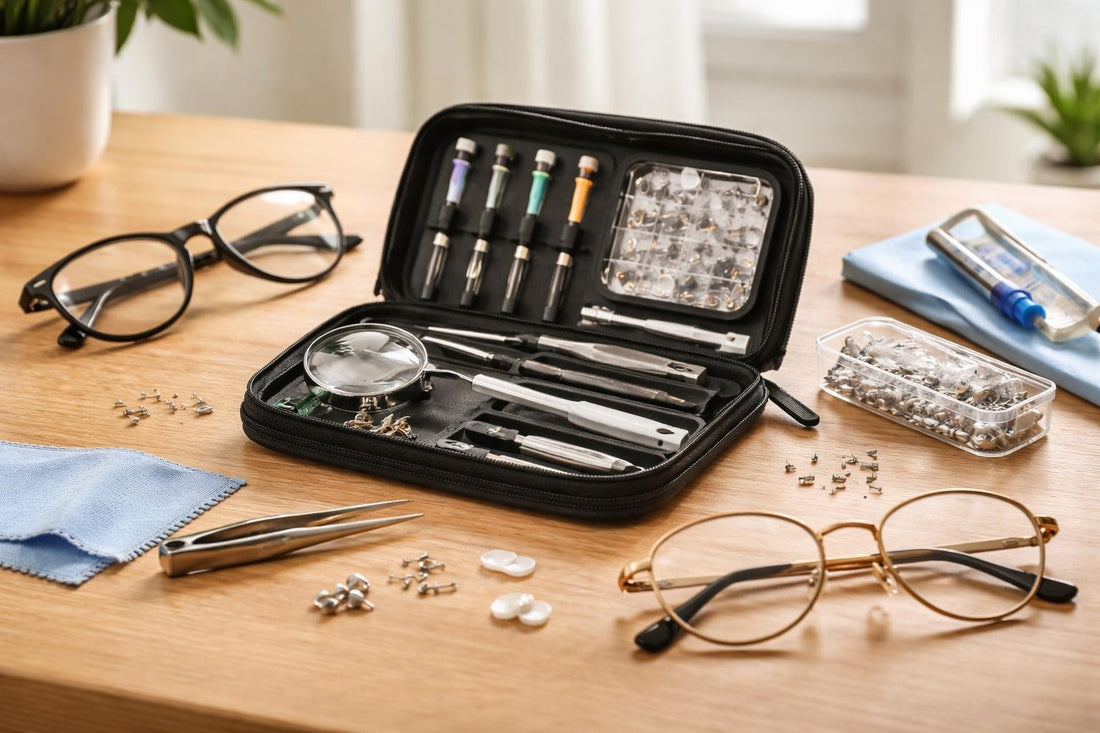 assorted eyeglass repair kit tools and spares