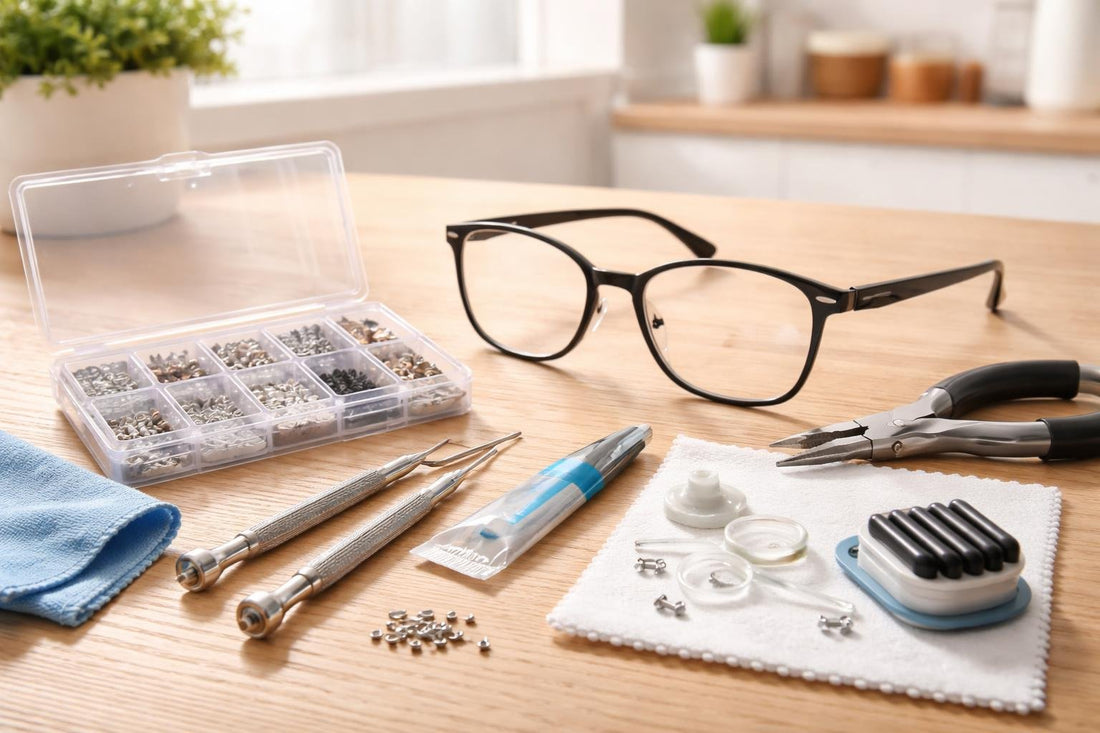 Close-up of eyeglass repair tools and spare parts