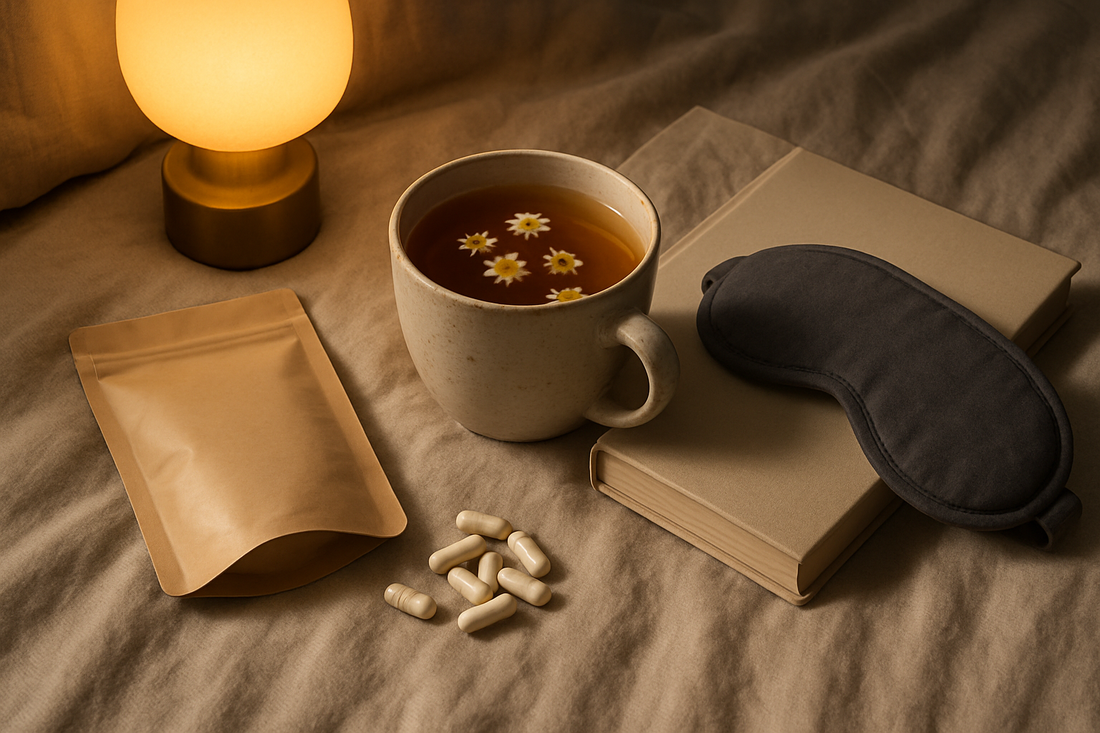 Evening wind-down flat lay with magnesium capsules, chamomile tea and an eye mask