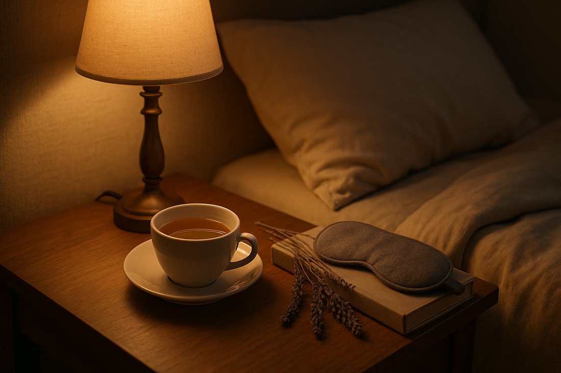 Calm bedroom nightstand with herbal tea, lavender and an eye mask