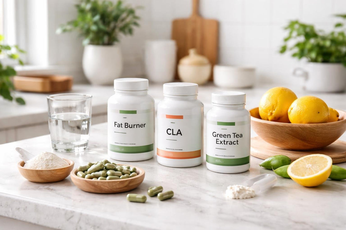 Fat burner supplements and green tea capsules on kitchen counter