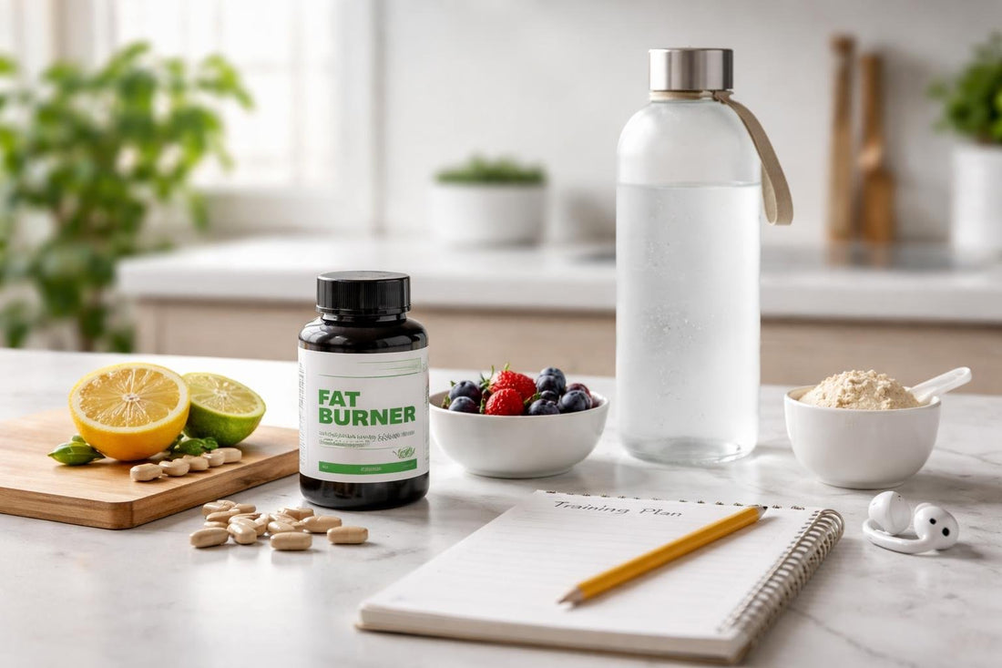 Fat burner supplements with water bottle and training notes