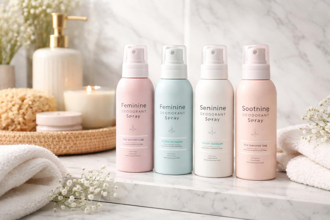 Feminine deodorant sprays on UK bathroom shelf