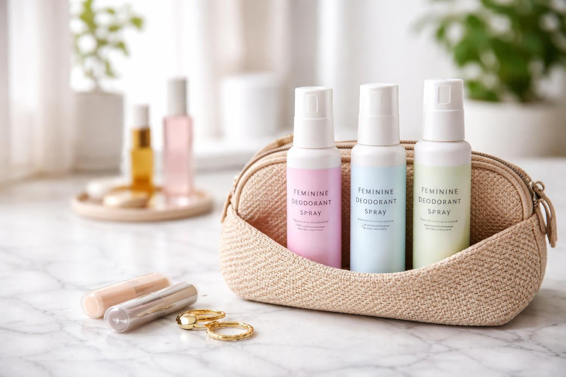 Feminine deodorant spray bottles and travel pouch