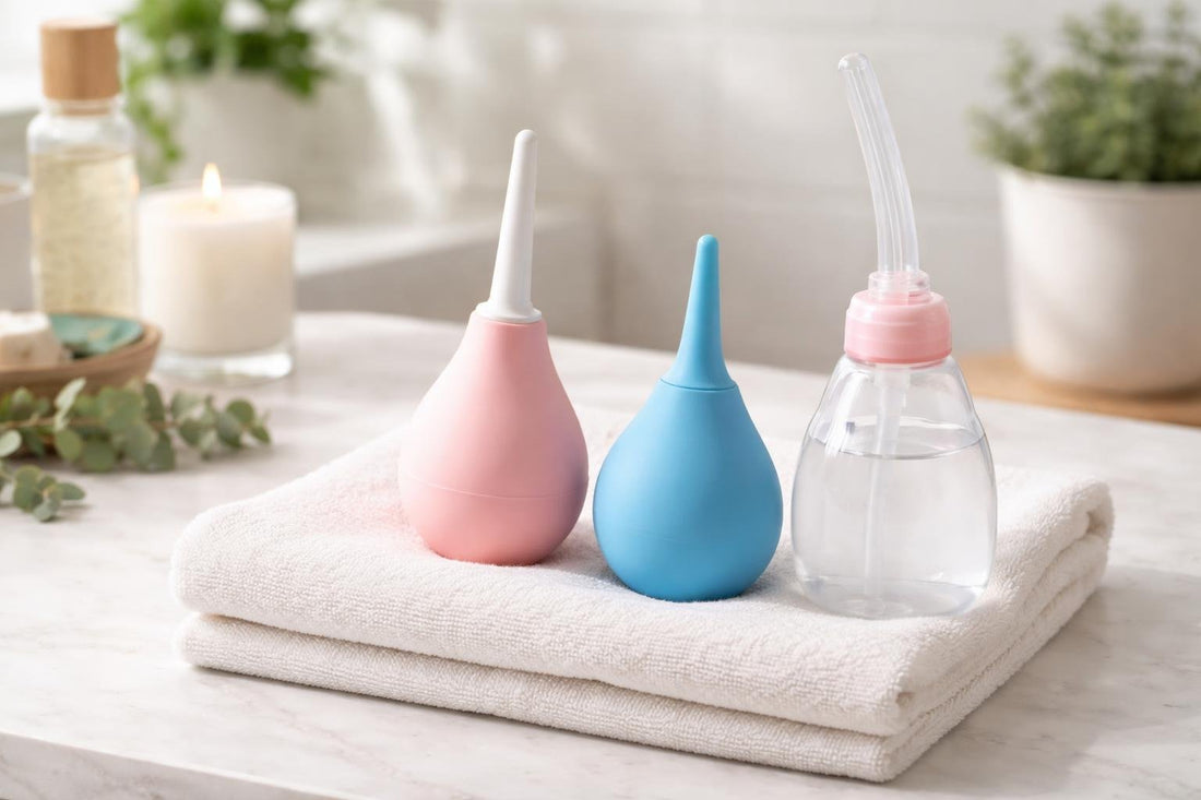 Beginner-friendly feminine douche and enema kit on towel