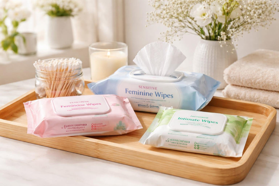 feminine wipes essentials range products on wooden tray