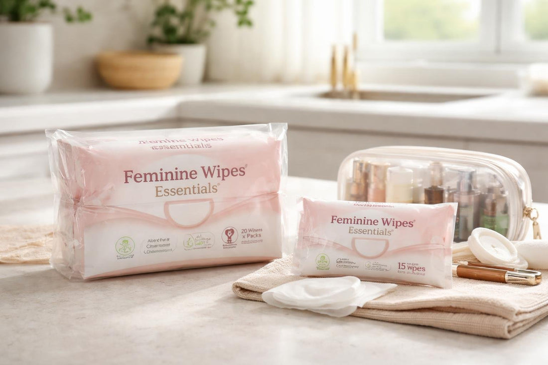 Feminine Wipes Essentials Range travel pack and multipack