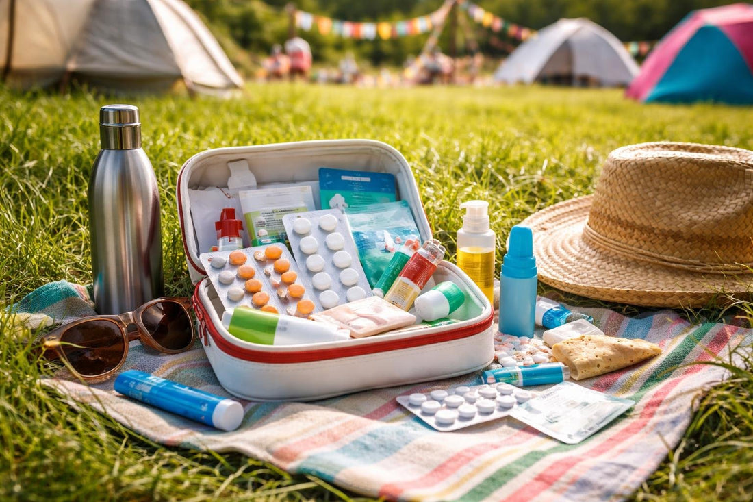 Festival first aid kit and medication essentials on grass