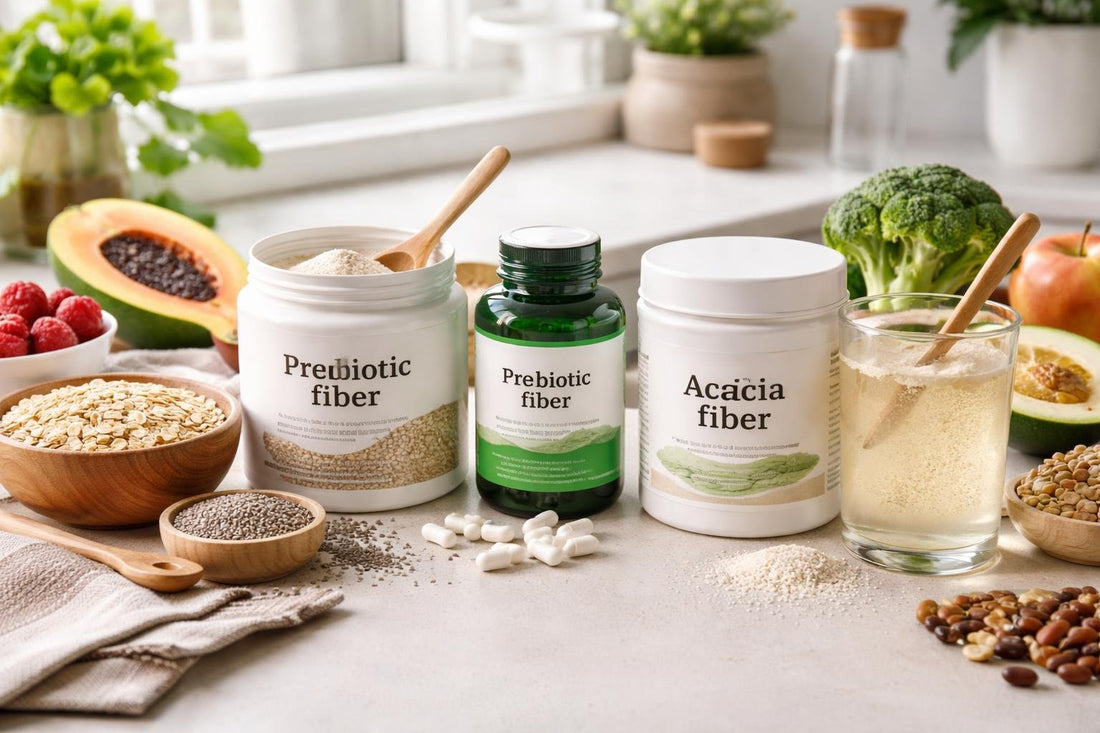 Assorted fibre supplements and whole foods laid out