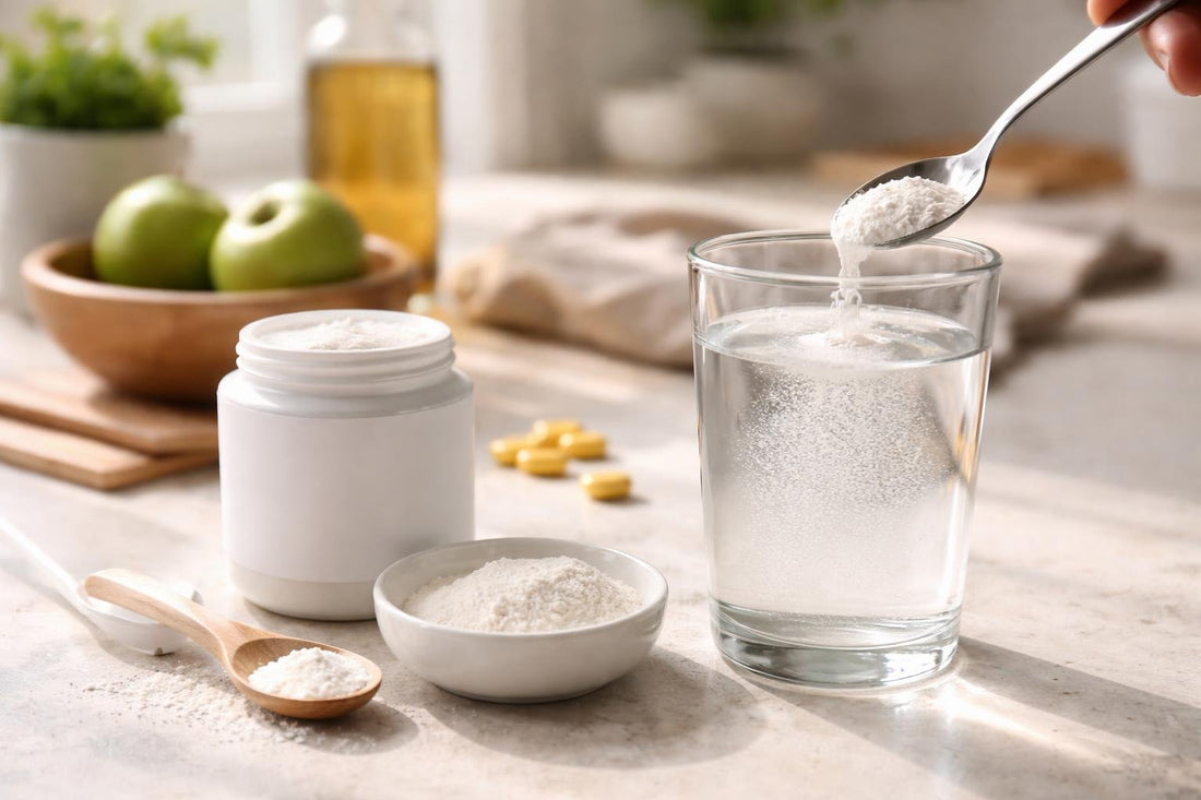 Glass of water with fibre supplement powder and spoon