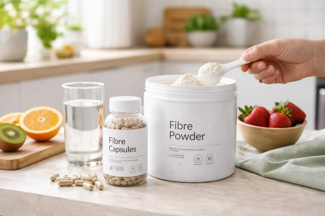 UK shopper selecting fibre supplement powder and capsules