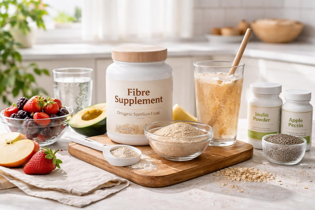 Assorted fibre supplements with scoop and fruits on table