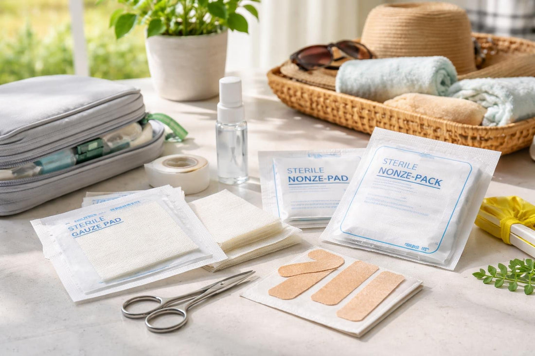 Assorted sterile first aid bandaging pads for travel