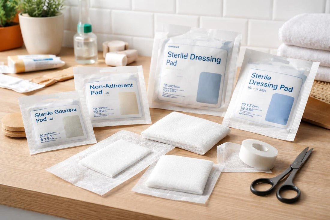 Assorted sterile first aid bandaging pads laid out neatly