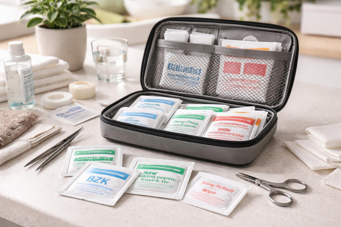 Individually wrapped first aid cleansing wipes in travel kit