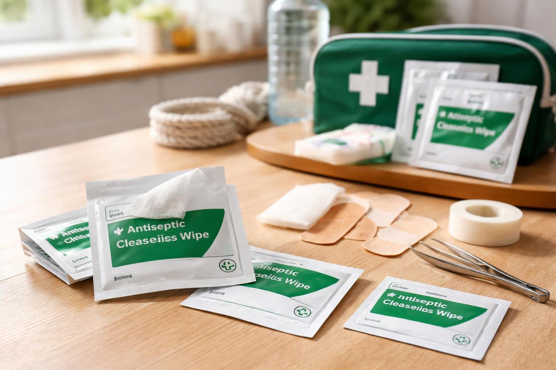Individually wrapped first aid cleansing wipes beside plasters