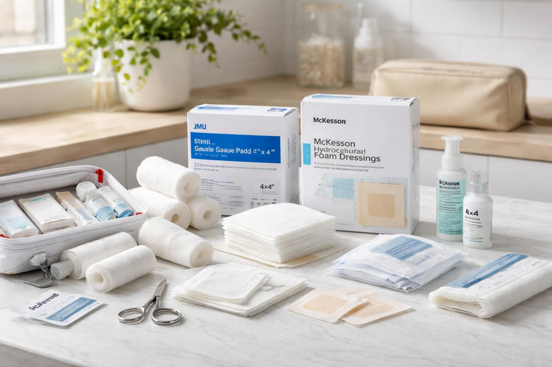 Assorted first aid gauze essentials and dressings laid out