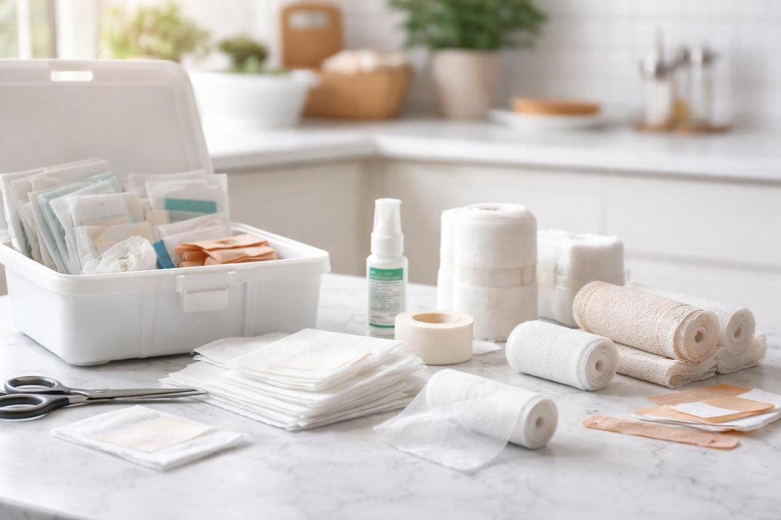 first aid gauze dressings and supplies arranged neatly