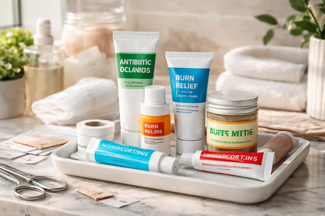 First aid ointments and creams arranged for home travel kit