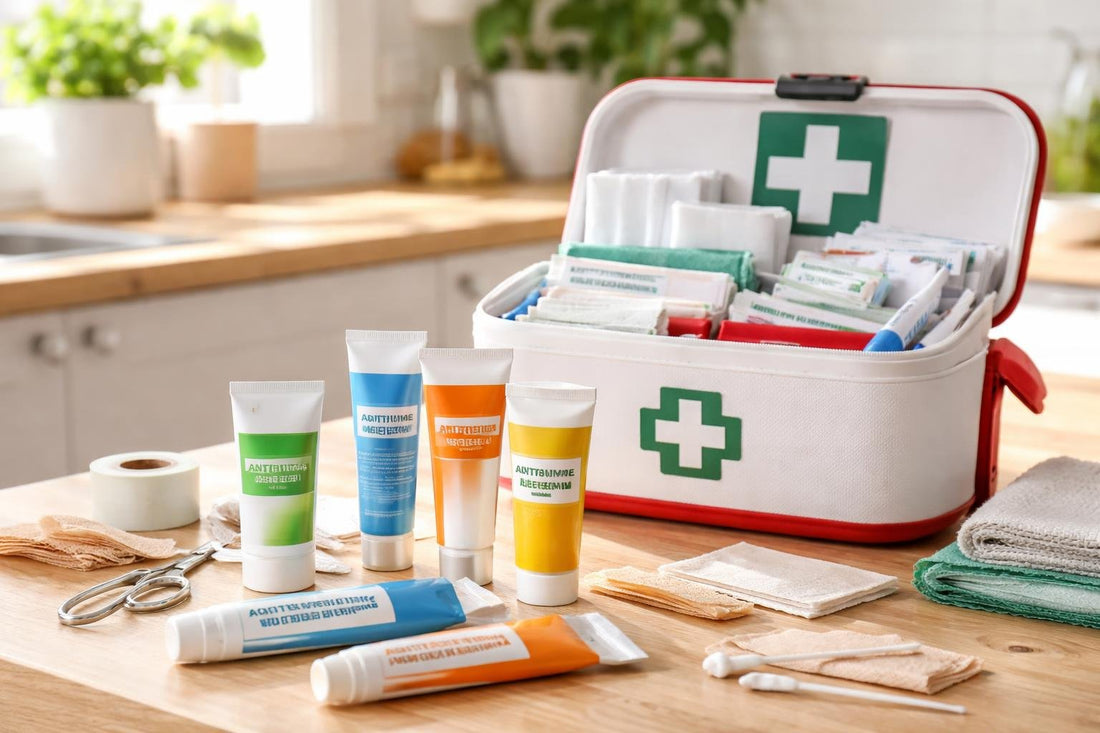 Family first aid ointments and kit on table