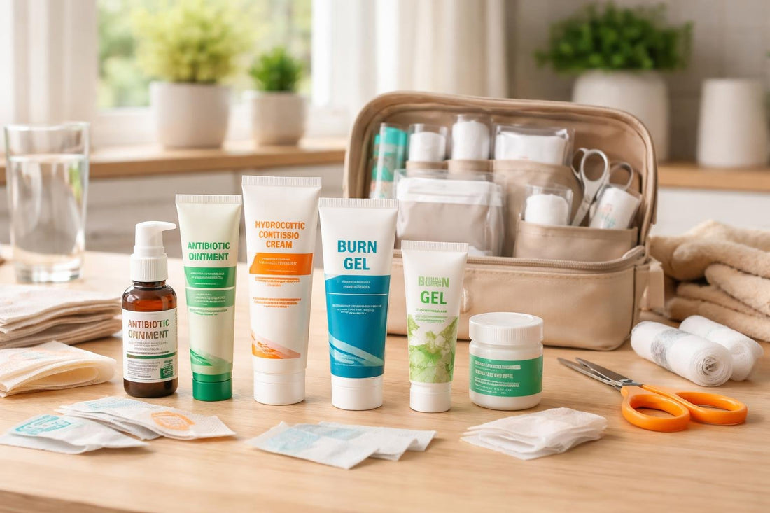 selection of first aid ointments and wound care products