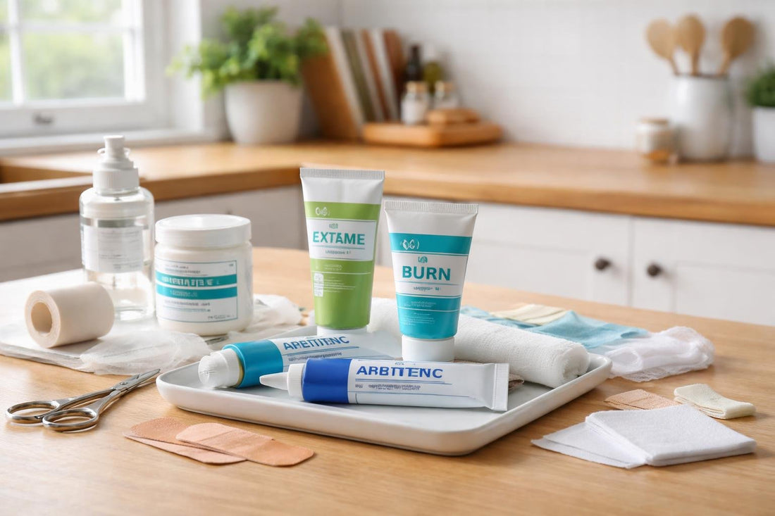 selection of first aid ointments and dressings on table